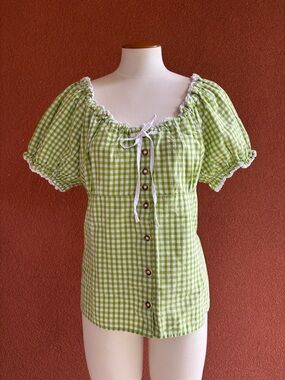Green Gingham Puff-Sleeve Button Front Top